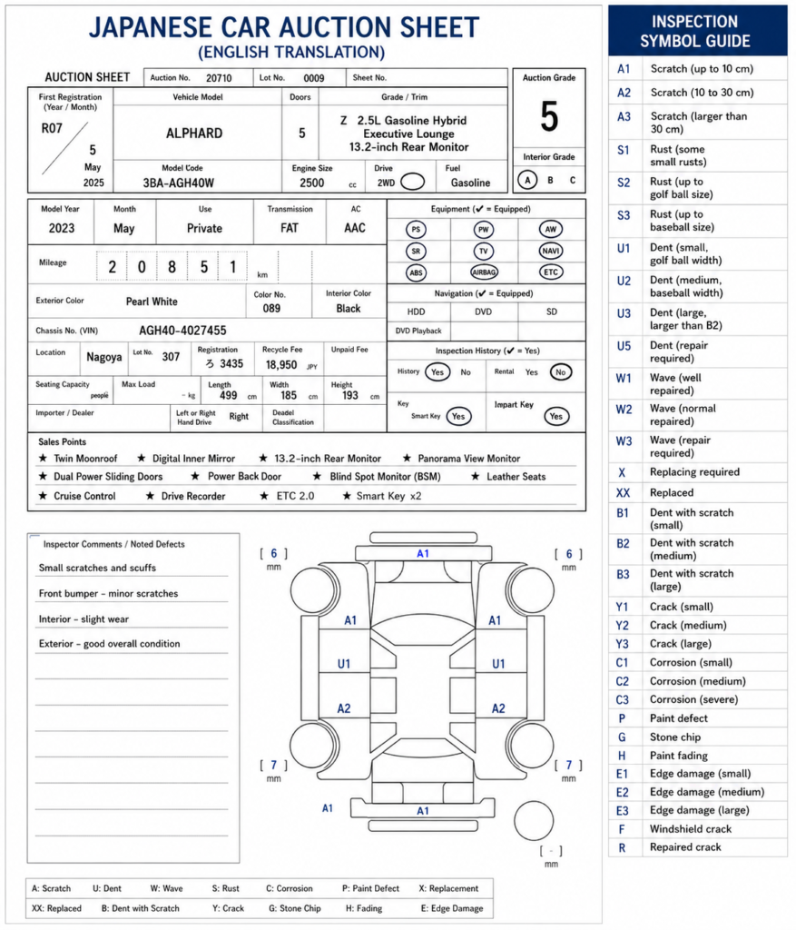 Japanese car auction sheet showing Japanese car auction grades, inspection symbols, damage diagram, and English translation.